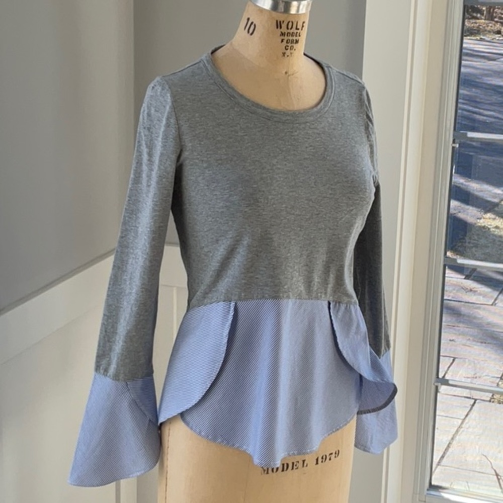 Marled Reunited Clothing Long Tulip Sleeve Mixed Jersey Woven Top Blouse Size XS